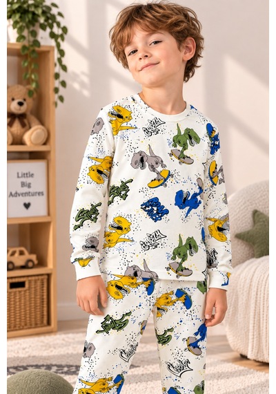 Free Beka Desenli Bisiklet Yaka %100 Pamuklu İnterlok Kumaş Erkek Çocuk Uzun Kollu Pijama Takımı Krem Free Beka Desenli Bisiklet Yaka %100 Pamuklu İnterlok Kumaş Erkek Çocuk Uzun Kollu Pijama Takımı Krem