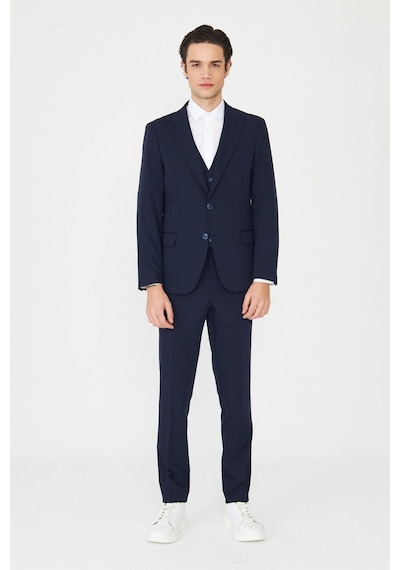 Lacivert Klasik Yaka Modern Slim Fit Yelekli Takım Elbise Laci