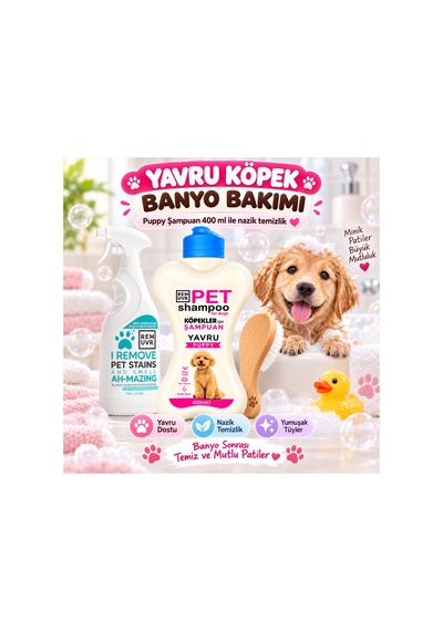 Yavru Köpek İlk Bakım Seti 750 Ml Leke Ve Koku Giderici + 400 Ml Puppy Şampuan + Minik Tüy Fırçası