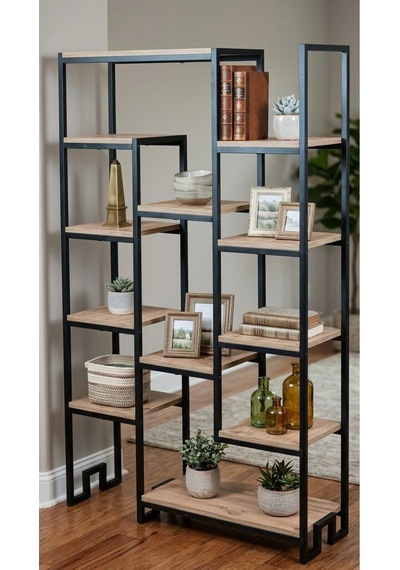 12 Raflı Modern Kitaplık Çiçeklik Ve Dekoratif Yaşam Ünitesi - Metal İskeletli Ahşap Raflı Siyah 12 Raflı Modern Kitaplık Çiçeklik Ve Dekoratif Yaşam Ünitesi - Metal İskeletli Ahşap Raflı Siyah