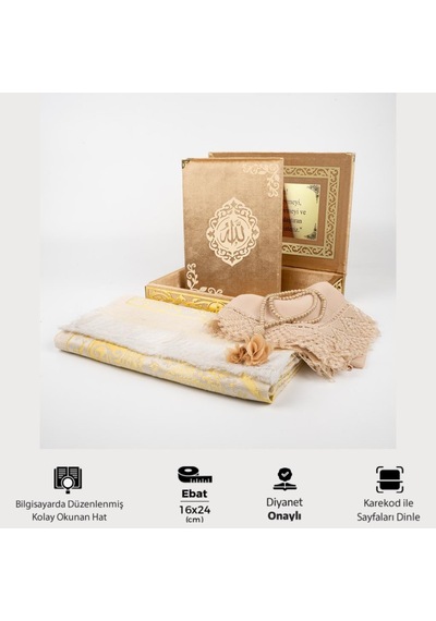 Şal + Seccade + Tesbih + Kuran Hediye Seti Orta B. Şems Lafzatullah Gold Pleksi Raşel Kutu, Gold