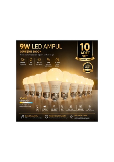 10 Adet 9w Led Ampul E27 Duy 3000k Günışığı Sarı Işık 810 Lümen Enerji Tasarruflu Uzun Ömürlü Led Lamba Seti