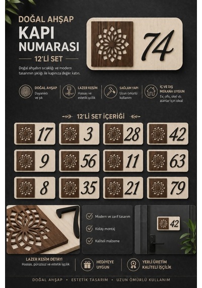 12 Li Ahşap Kapı Numarası Seti 3 Mm Mdf Lazer Kesim - Ceviz