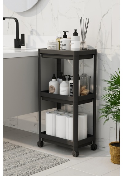 3 Katlı Banyo Raf Ünitesi Peggy Siyah Banyo Düzenleyici Şampuanlık Havluluk Dolap Siyah Renkli