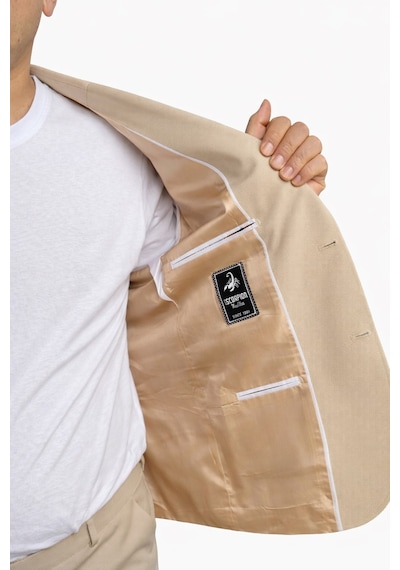 Erkek Slim Fit Mikro Dokulu Takım Elbise Çift Düğmeli Modern Kesim Bej