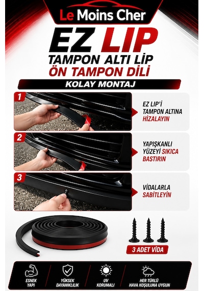 Volkswagen Crafter Panelvan Ez Lip Tampon Altı Lip Ön Tampon Dili 2 Metre Yapışkanlı Vidalı