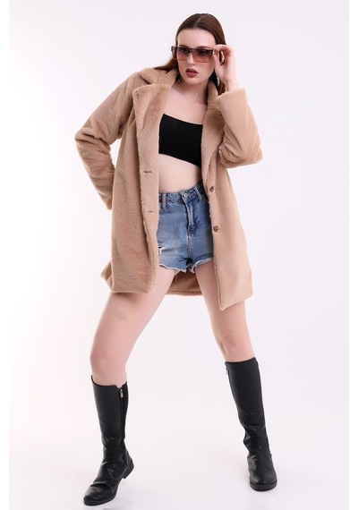 Winmoda34 Kadın İçi Astarlı Peluş Kaban Kahve