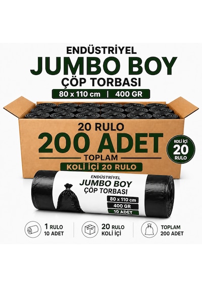 Endüstriyel Jumbo Boy Çöp Torbası 80x110 Cm 400 Gr 20 Rulo 200 Adet Ekstra Kalın Siyah Çöp Poşeti