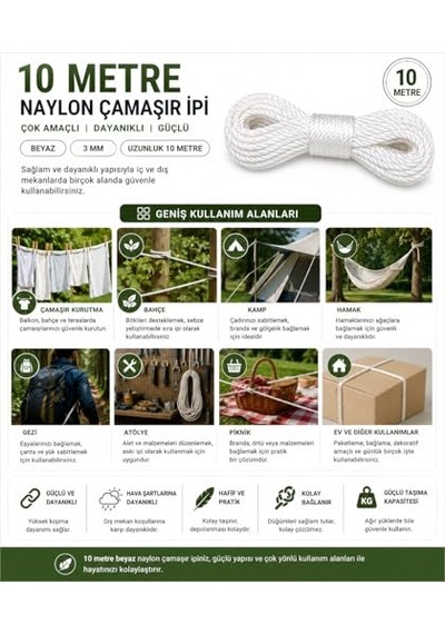 10 Metre Beyaz Naylon İp 3 Mm, Çok Amaçlı Dayanıklı Çamaşır İpi, Kamp Bahçe Balkon Hamak Ve Taşıma Sabitlem Çok Renkli