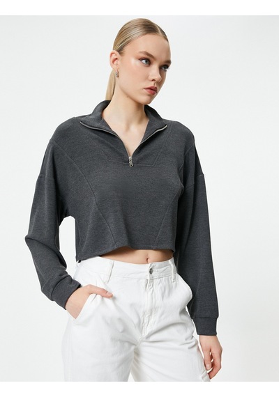 Koton Yarım Fermuarlı Sweatshirt Crop Uzun Kollu Antrasit 4sak10226ek Antrasit