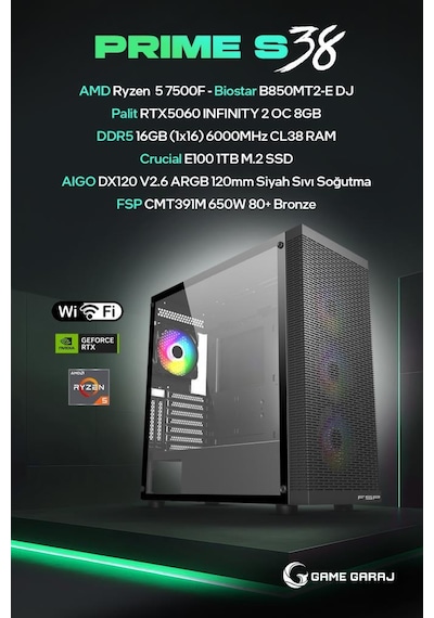 Game Garaj Prime S38 R5-7500F 16 GB 1 TB SSD RTX5060 Free Dos Oem Paket Masaüstü Oyuncu Bilgisayarı