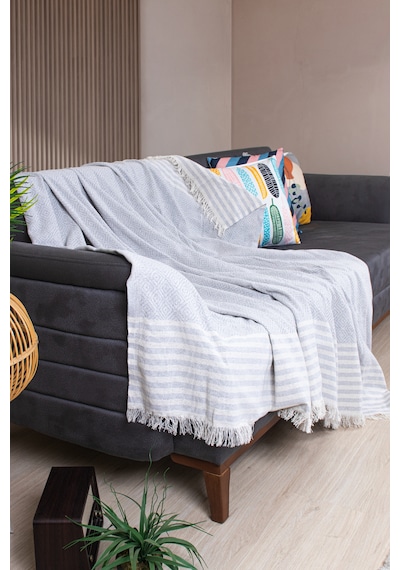 Pamuklu Püsküllü Elmas Desenli Koltuk Örtüsü 170x210 Cm Dekoratif Kanepe, Yatak Ve Tv Örtüsü Gri