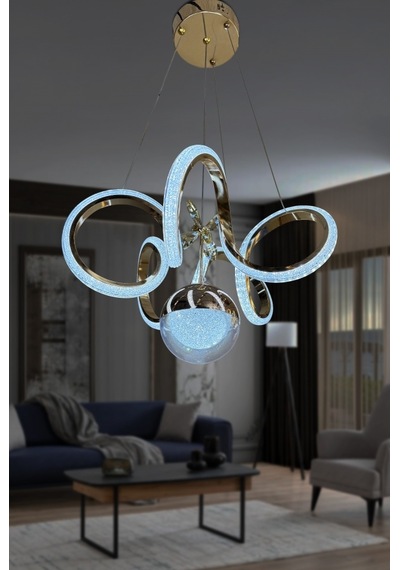 Kıvrım Tekli Fanus Top Simli Slikonlu Modern Oturma Led Avizesi - Kumandalı / Gold Gold