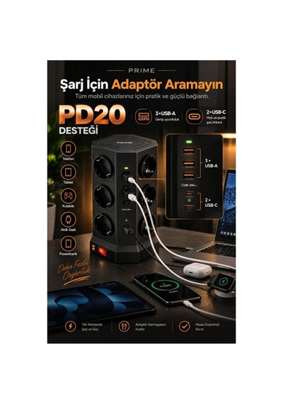 12 Li Priz Çoklu Akım Korumalı Uzatma Kulesi 3 Usb-a 2 Usb-c Pd20w 3680w 2 Metre 0 - 2 M