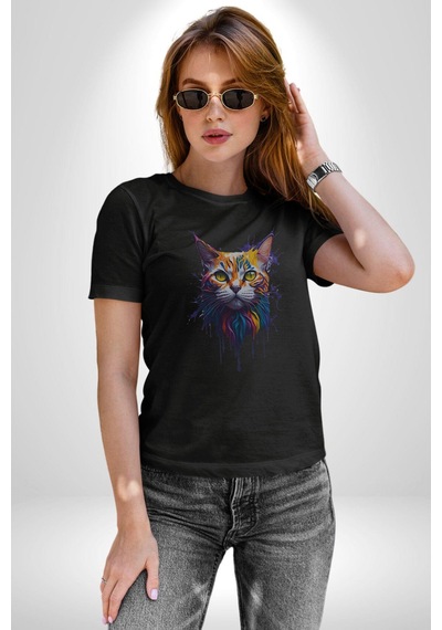 Şimşek Yağmur Kedi Unisex Unisex Siyah Organik Baskılı T-shirt Penye Yüksek Kalite Siyah