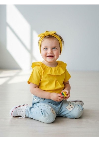 Zekids Kız Bebek Pamuklu Yakası Fırfırlı Basic T-shirt-7460 Sarı