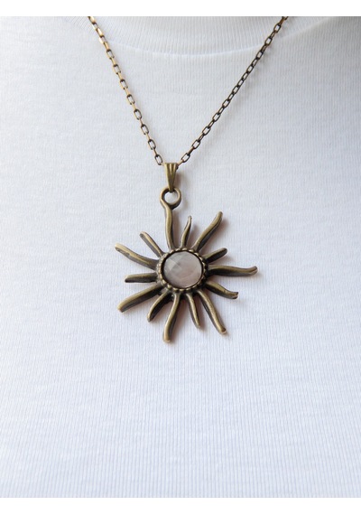Esha Store Doğal Taş Pembe Kuvars Doğal Taşlı Güneş Desen Kadın Doğal Taş Otantik Kolye Euk7pk Pembe
