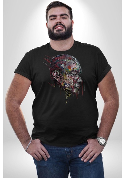 İnsan Kafası Sulu Boya Unisex Unisex Siyah Organik Baskılı T-shirt Penye Yüksek Kalite Siyah