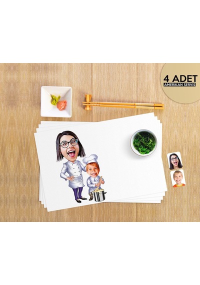 Bk Gift Kişiye Özel Anne Oğul Chef Karikatürlü 4 Adet Amerikan Servis Seti Çok Renkli