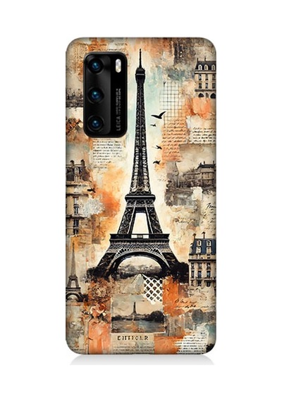 Huawei P40 Uyumlu Kahverengi Eyfel Kompozisyonu Desenli Silikon Kılıf Çok Renkli