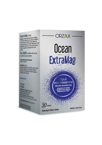 Orzax Ocean Extramag Üçlü Kombinasyon Takviye Edici Gıda 30 Tablet - Magnezyum Sitrat, Malat Ve Bisglisinat İçeren Zengin Formül