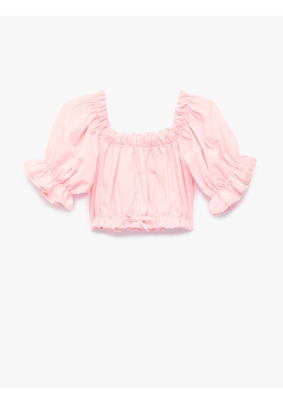 Koton Kısa Kollu Straplez Yaka Gipeli Fırfırlı Pamuklu Bluz Pembe 6skg60208aw Gül