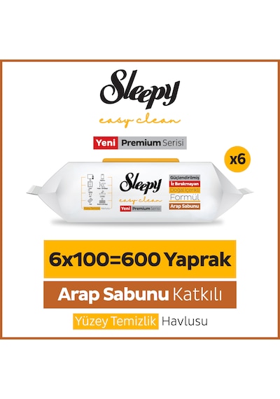 Sleepy Easy Clean Premium Arap Sabunu Katkılı Yüzey Temizlik Havlusu Mendili 6x100 (600 Yaprak)