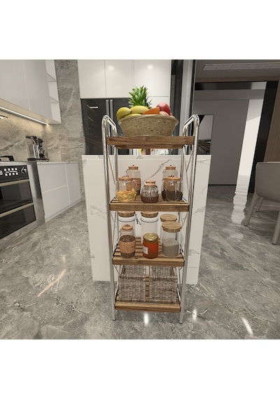 Sahra Krom 4 Katlı Ahşap Raf Banyo Köşe Rafı Düzenleyici Organize Krom