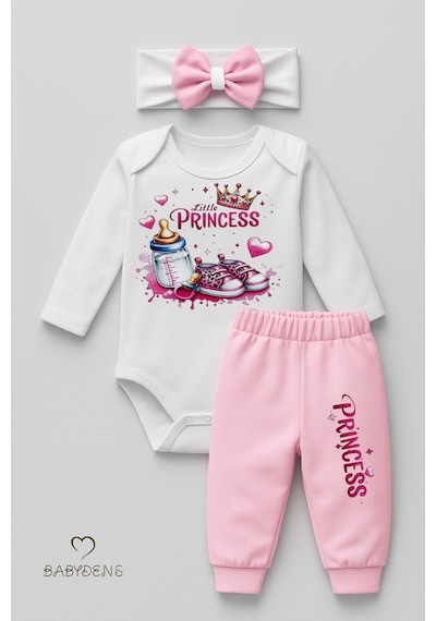 Babyden's Little Princess 3 Lü Kız Bebek Takımı Uzun Kollu Pamuklu Body,pembe Pantolon Ve Fiyonk Bandana Seti Pembe