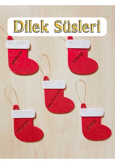 Yılbaşı Keçe Çizme Süs Seti 5 Adet Dilek Temalı Noel Ağaç Süsü