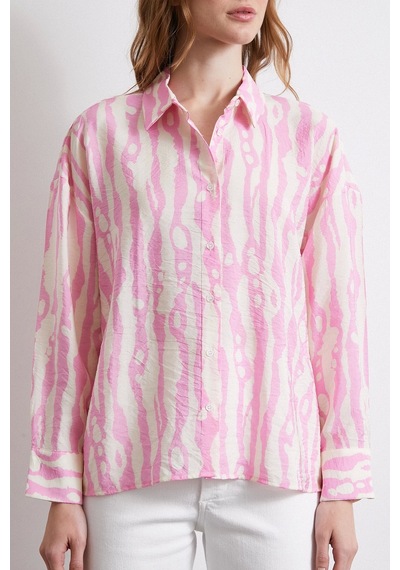 Never More Zebra Desen Modal Gömlek Pembe Pembe