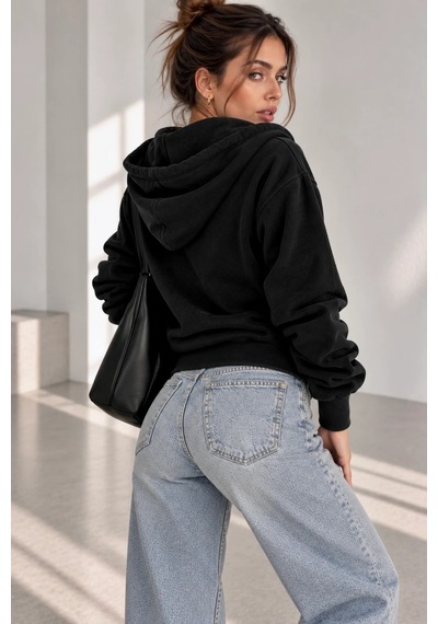 Bb Butik Basic Selanik Dokulu Fermuarlı Kapüşonlu Kadın Sweatshirt My3535 siyah