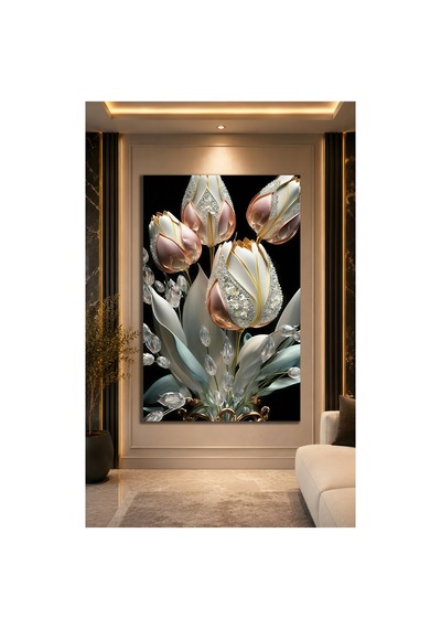 Lüks Çiçek Cam Tablo Kristal Detaylı Beyaz Ve Rose Gold Lale Çiçekleri Temalı Dekoratif Duvar Tablosu Modern Şık Salon Ve Ev Dekorasyonu Uv Baskı