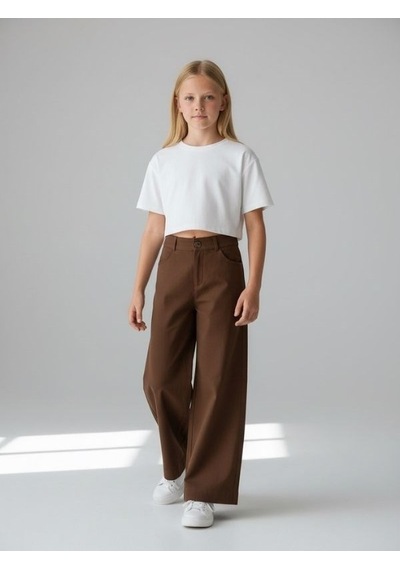 Zekids Kız Çocuk Bol Paça Modal Kumaş Tasarım Pantolon-17149 Kahverengi