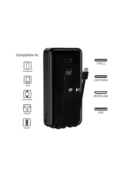 Tr 20000mah Dijital Göstergeli Dahili Kablolu Powerbank, Taşınabilir Şarj Cihazı, Yüksek Şarj Kapasiteli Hızlı