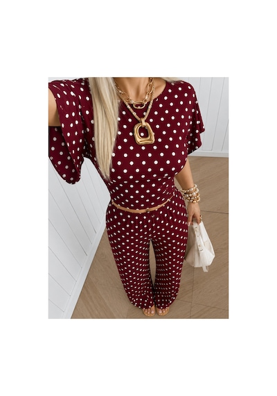 Hımmelduf Kadın Puantiyeli İkili Takım Crop Bluz Bol Paça Pantolon Bordo Puantiye