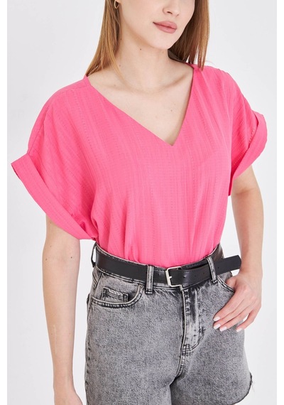 Armonika Kadın Fuşya V Yaka Yanları Yırtmaçlı Arkası Uzun Duble Kol Detaylı Oversize Bluz Arm-24y001074