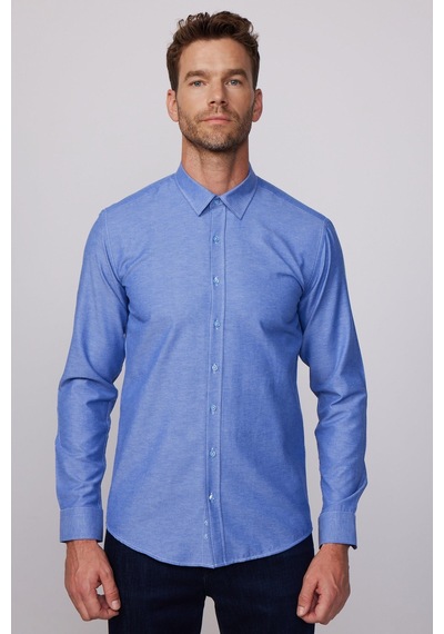 Tudors Modern Slim Fit Pamuklu Kolay Ütü Armürlü İndigo Erkek Gömlek-28379-ındigo İndigo