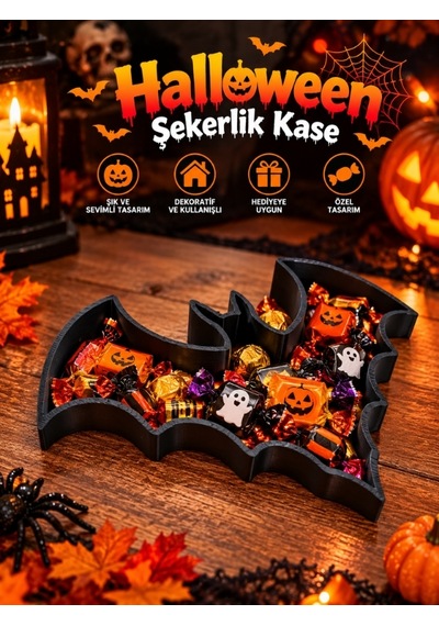 Halloween Cadılar Bayramı Dekoratif Yarasa Şekerlik Kase Masa Üstü Dekor