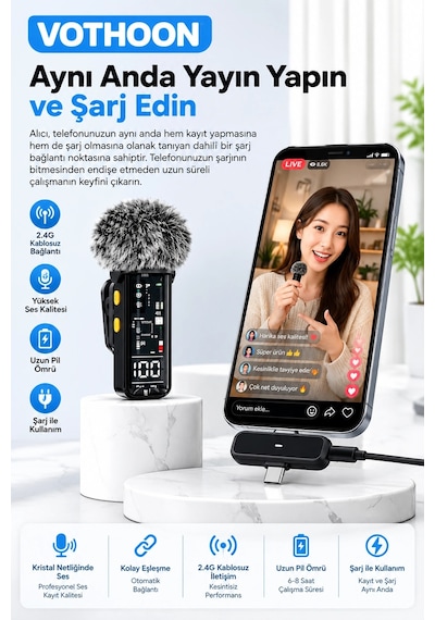 Yüksek Kalite Kablosuz Yaka Mikrofonu Type-c Lightning Uyumlu Profesyonel Anc Özellikli