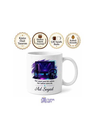 Kişiye Özel Yayın Masası Baskılı Kupa Bardak İsimli Streamer Hediye Beyaz / Çok Renkli