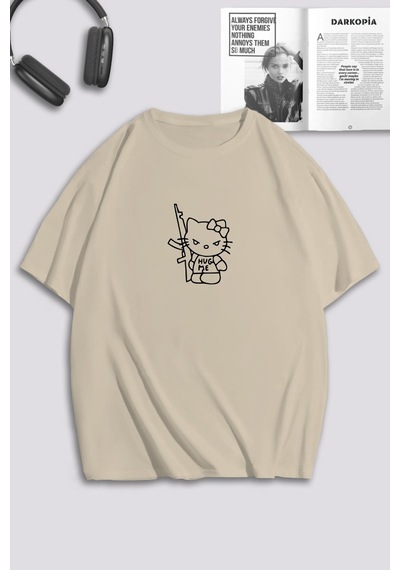 Unisex Kadın Erkek Hello Kitty Hug Me Baskılı Özel Tasarım Oversize T-shirt Bej Mck0153 Bej