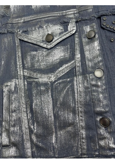 Büyük Beden Denim Yakalı Düğmeli Parlak Taşlı Kolsuz Eskitme Detaylı Kadın Yelek Mavi