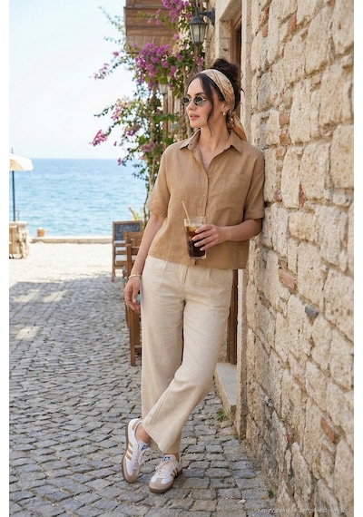 Lela Regular Fit Göğüs Cepli Kısa Kollu Bayan Gömlek 6779324 Bisküvi