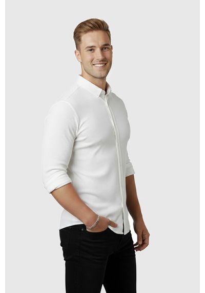 Rizzup Erkek Beyaz Slim Fit Fitilli Gömlek Likralı Esnek Kumaş Şık Model 2500805