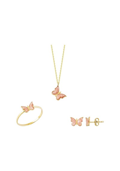 Sembol Gold  Altın 3lü Takı Seti Sedefli Kelebek 14k Gold T8469 Renkli