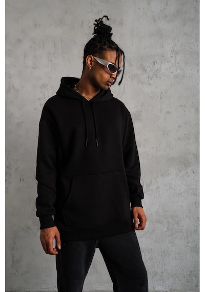 Erkek 3 İplik Pamuklu Kapüşonlu Kanguru Cepli Sweatshirt Hoodie - Siyah