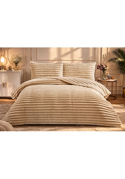 Eternity Lux Wellsoft Peluş Yatak Örtüsü Takımı Çizgili Kabartmalı Ultra Yumuşak 230x250 Cappuccino