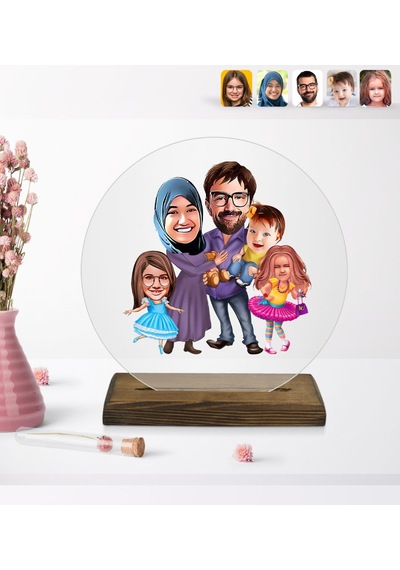 Kişiye Özel Aile Karikatürlü Yuvarlak Ahşap Standlı Biblo-9