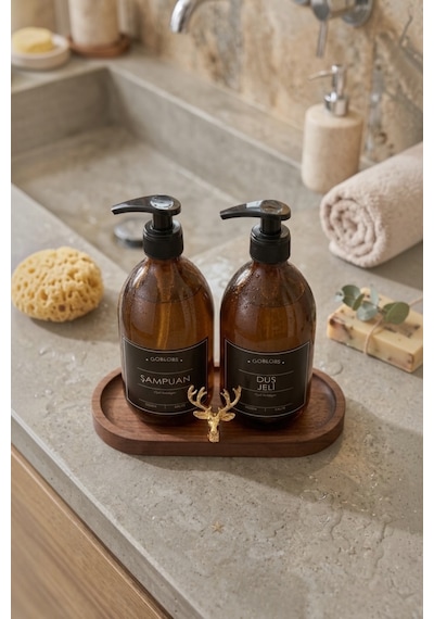 Amber Şişe Sabunluk Cam İkili Şampuan-duş Jeli Banyo Düzenleyici Klasik Gold Geyik Ahşap Standlı 500ml